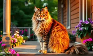 Majestatyczny maine coon o rudym futrze siedzi na werandzie, otoczony kwitnącymi kwiatami.