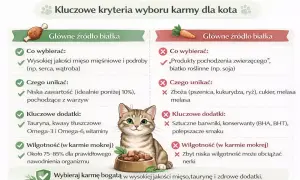 Koty nie mogą jeść zbóż, cukru i melasy. Wybieraj karmę z wysokiej jakości mięsem, tauryną i zdrowymi dodatkami.