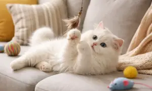 Puszysty kot perski szary z niebieskimi oczami bawi się piórkiem na kanapie.
