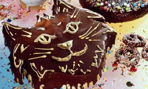 Czekoladowy tort dla kota w kształcie głowy, ozdobiony jasnym lukrem. Wokół rozsypane kolorowe posypki i inne słodkości.