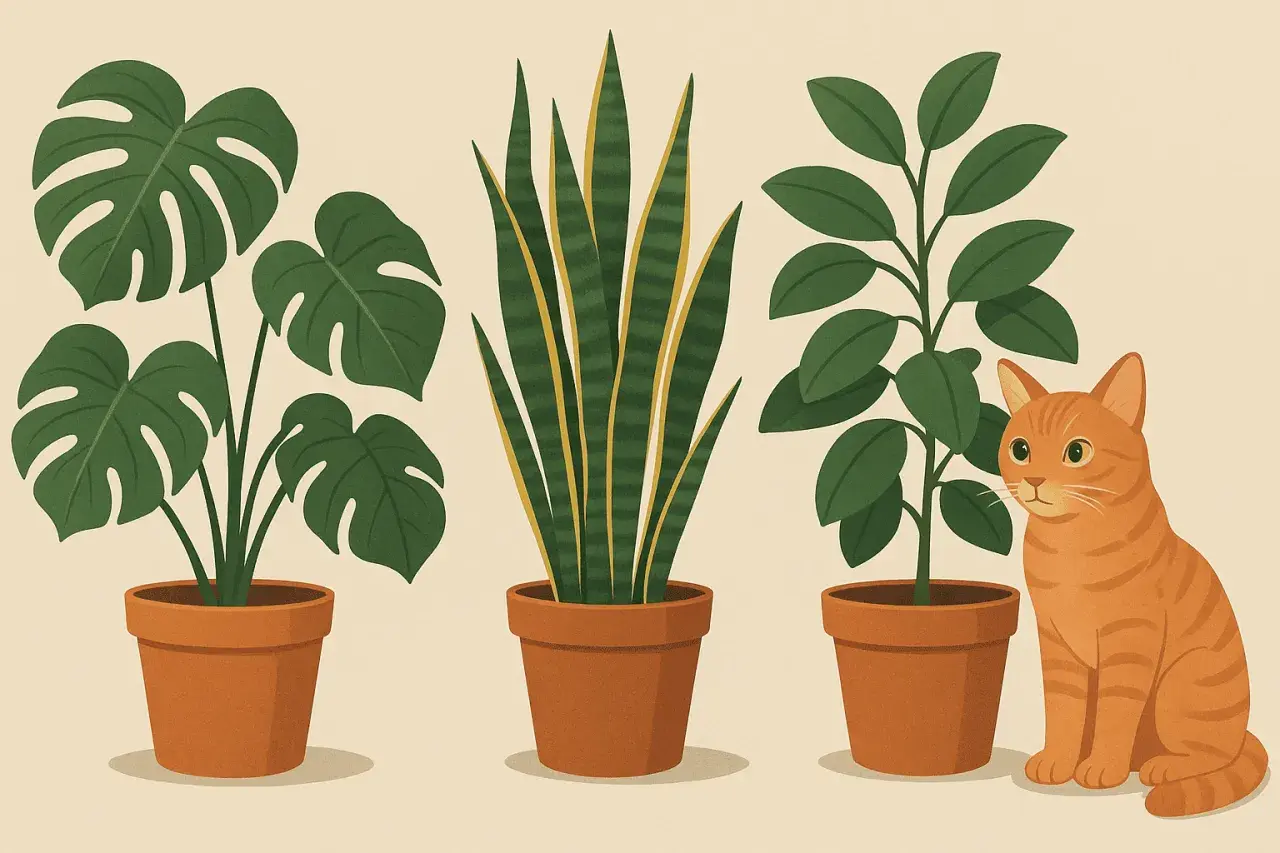 Trzy rośliny doniczkowe: monstera, sansewieria i fikusa, obok siedzi rudy kot. Czy kalia doniczkowa jest trująca?
